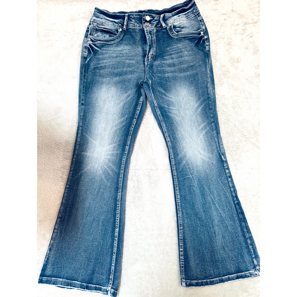 Women's XL Flare Jeans Stretch Mid Rise Blue Distressed Vintage Y2K Bootcut Deni